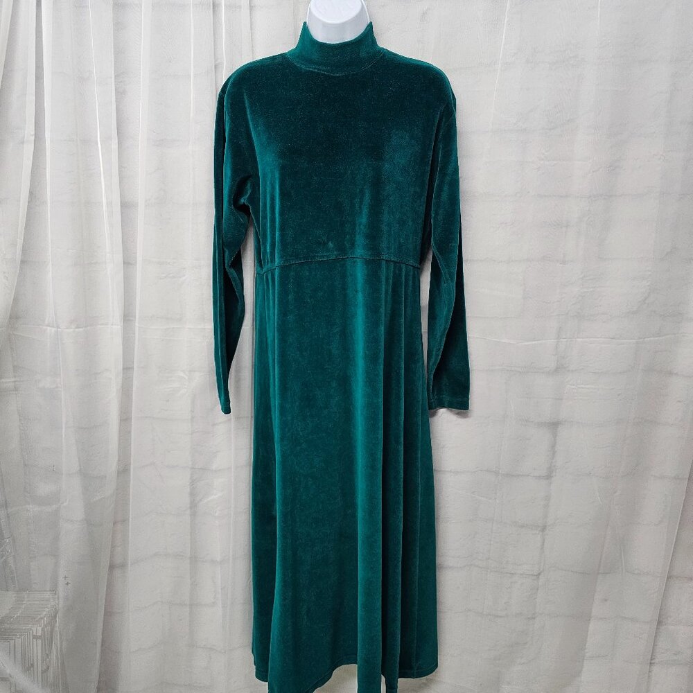 Vintage Erika Dress Maxi Velvet Green Mock Neck Goth Grunge Retro Minimalist M - Picture 2 of 11
